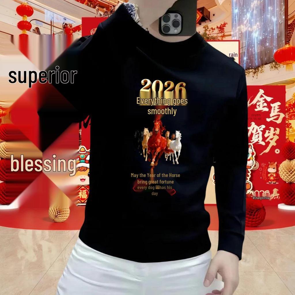 2026 Men's Year of the Horse Crewneck Hoodie: Trendy Winter Velvet Casual Long Sleeve Top