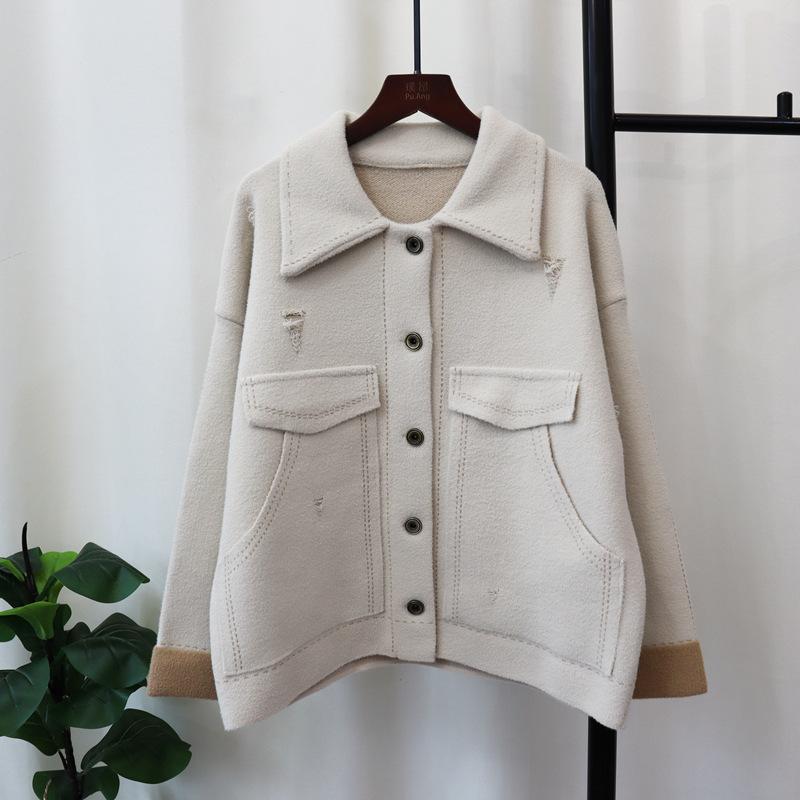 

Осень и зима новый лацканный дизайн чувство ниши вязаный двусторонний шерстяной кардиган темперамент свитер куртка женская one size fits all абрикосовый