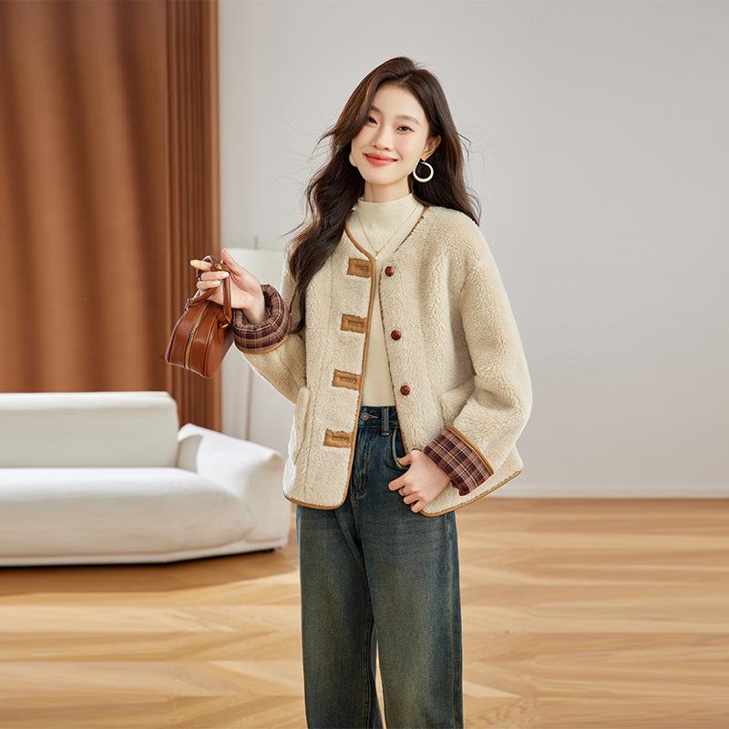 

Versatile Round Neck Plaid Shearling Coat - Autumn/Winter Fashion Jacket YE6310 L (125-140 kg)