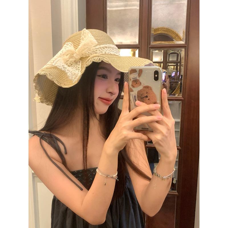 

Straw hat big cover hat summer new sunscreen sun hat sweet bucket hat breathable lace bow grass one size fits all