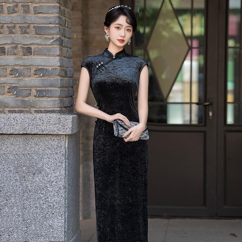 Elegant Black Velvet Long Cheongsam Dress Women Vintage Shanghai Style Modern Fit