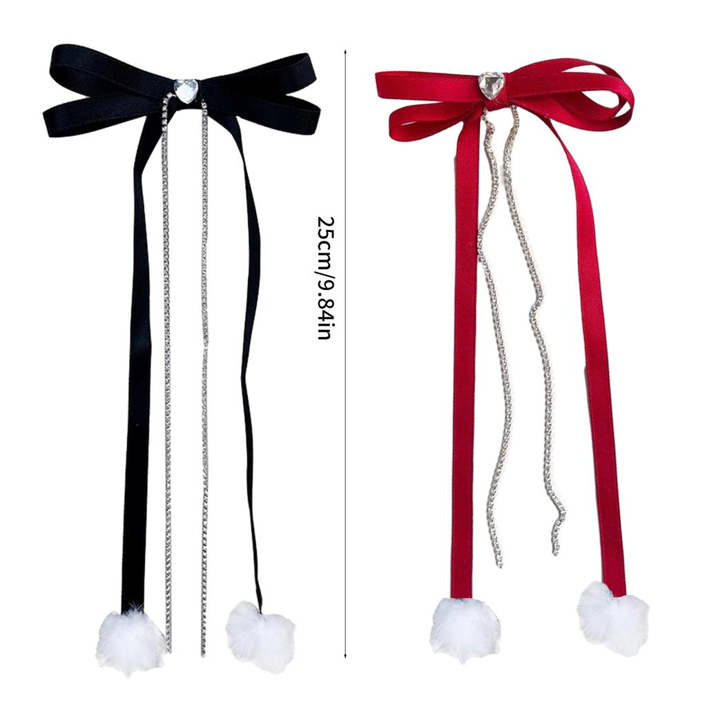 Cute Sweet Girly Bow Hair Clip Bow Long Ribbon Y2K Pompoms Bow Bunches Rhinestones Sweet Balletcore Style