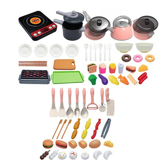 Spielhaus Spielzeug Induktionskochfeld Küchen-Spielset mit Realistischen Kochgeräuschen Kochgeschirr Besteck Lebensmittel-Set