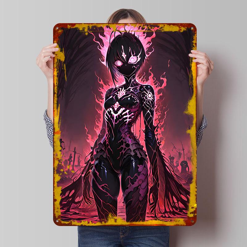 Eerie Anime Girl In Fiery Landscape Printed Poster Customized Wall Art Retro Vintage Metal Tin Signs for Living Room Decoration