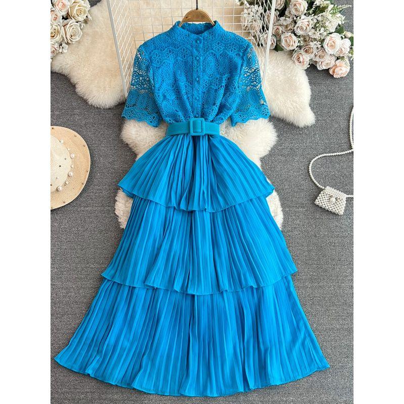 Accessible Luxury Socialite Stand Collar Lace Cake Dress Short Sleeve