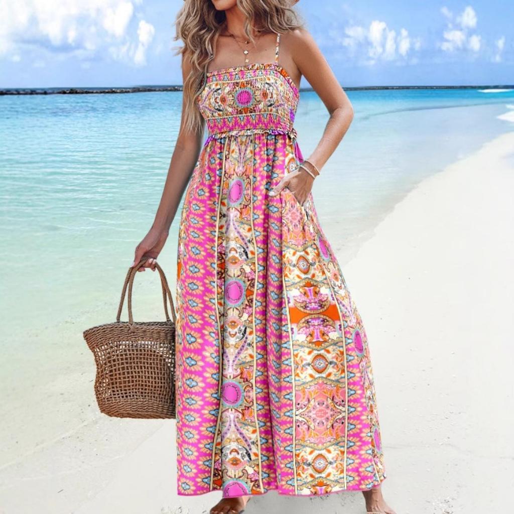 Women's  Summer Fashion Printed Backless Strapless Maxi Suspender Dress for Vacation