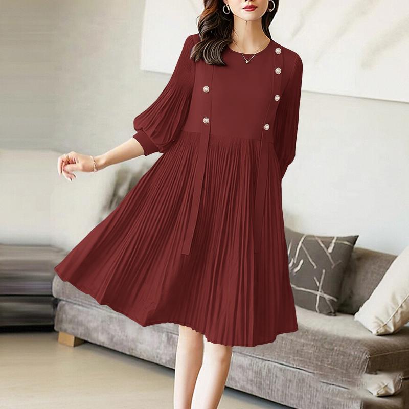 ZANZEA Women Casual Round Neck Summer 3/4 Sleeve Pleated Dress