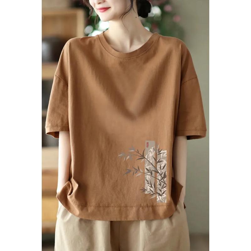 Fashionable Short-sleeved T-shirt for Women Loose Artistic and Versatile 2025 Printed Retro New Style Comfortable Pullover