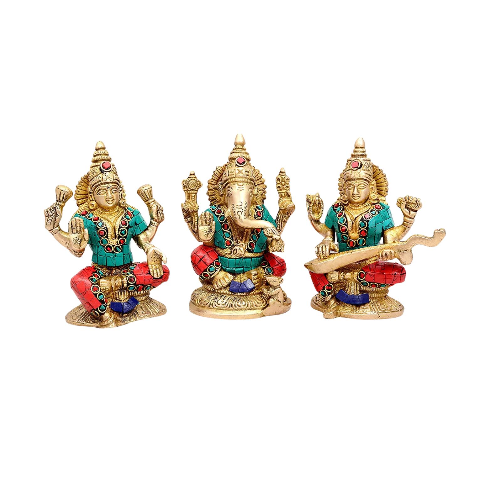 

Goddess Laxmi Ganesha Saraswati Idol, Lakshmi Ganesh Murti, Brass - 5 Inches