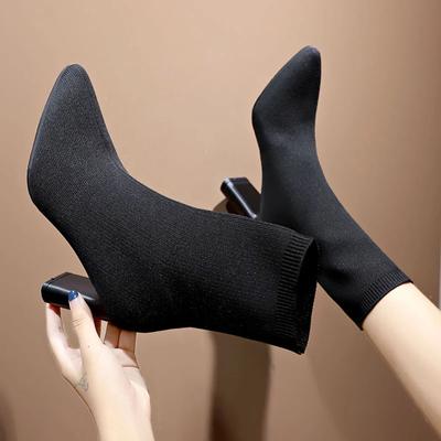 Simple Fashion Stretch Socks Boots Women's High Heels Shoes Knit Socks Boots Skinny Women Pointed Autumn and Winter Bare Boots