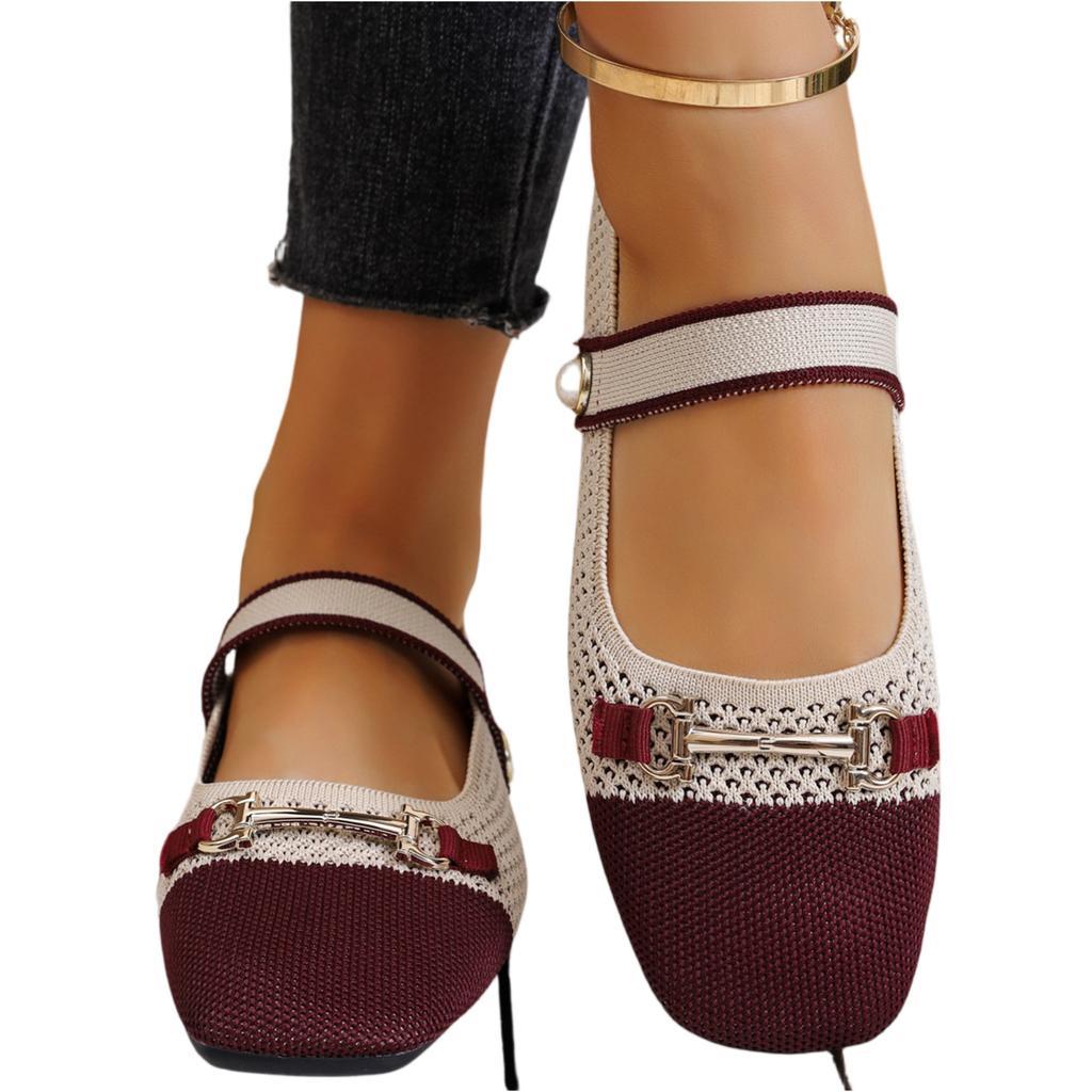Knitted Square Toe Flat Mary Jane Shoes with Single Buckle Strap Comfortable Lightweight Casual Footwear for Women