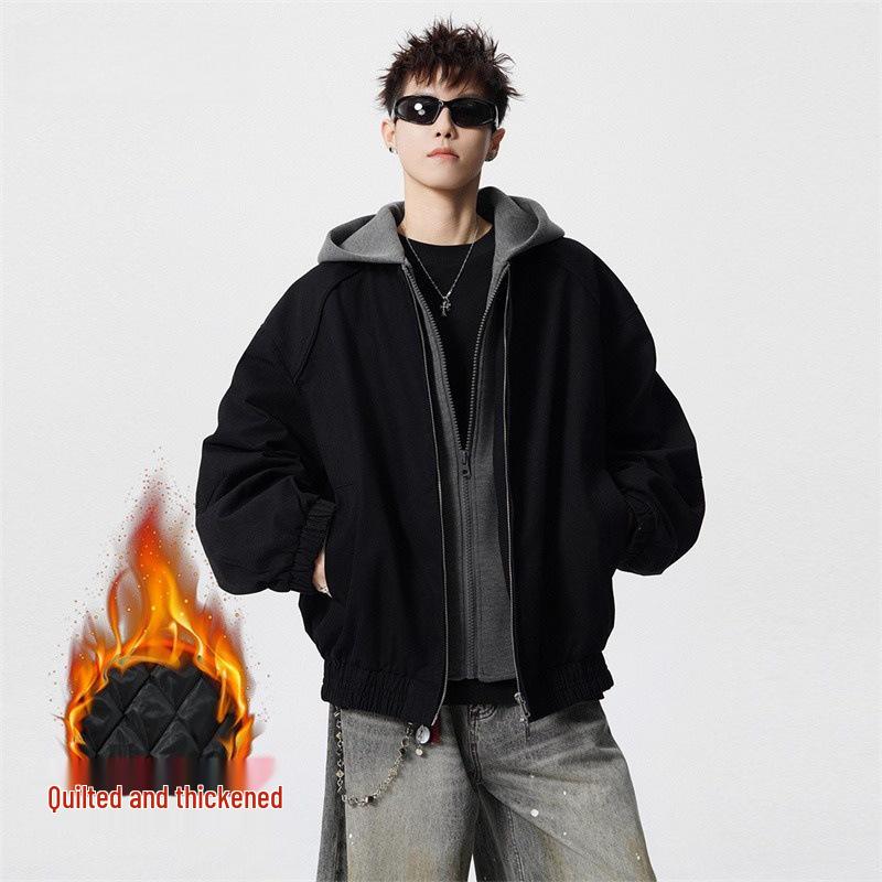 

Men s Retro Hooded Cardigan: Trendy American-Style, Thickened Winter Jacket, Versatile High Street Outerwear XL чорний