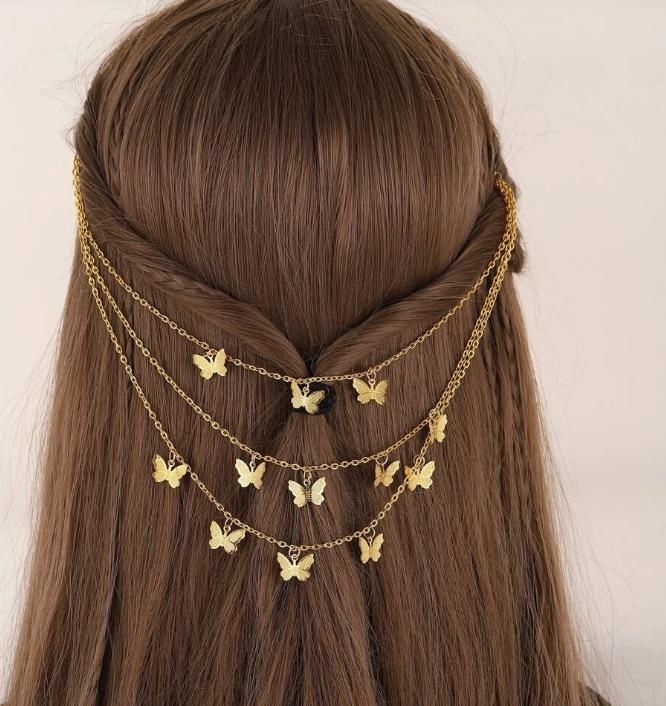 Europäischer und Amerikanischer Stil Damen Haaraccessoire Kette, Punk Retro Metall Schmetterling Mehrlagige Haarspange