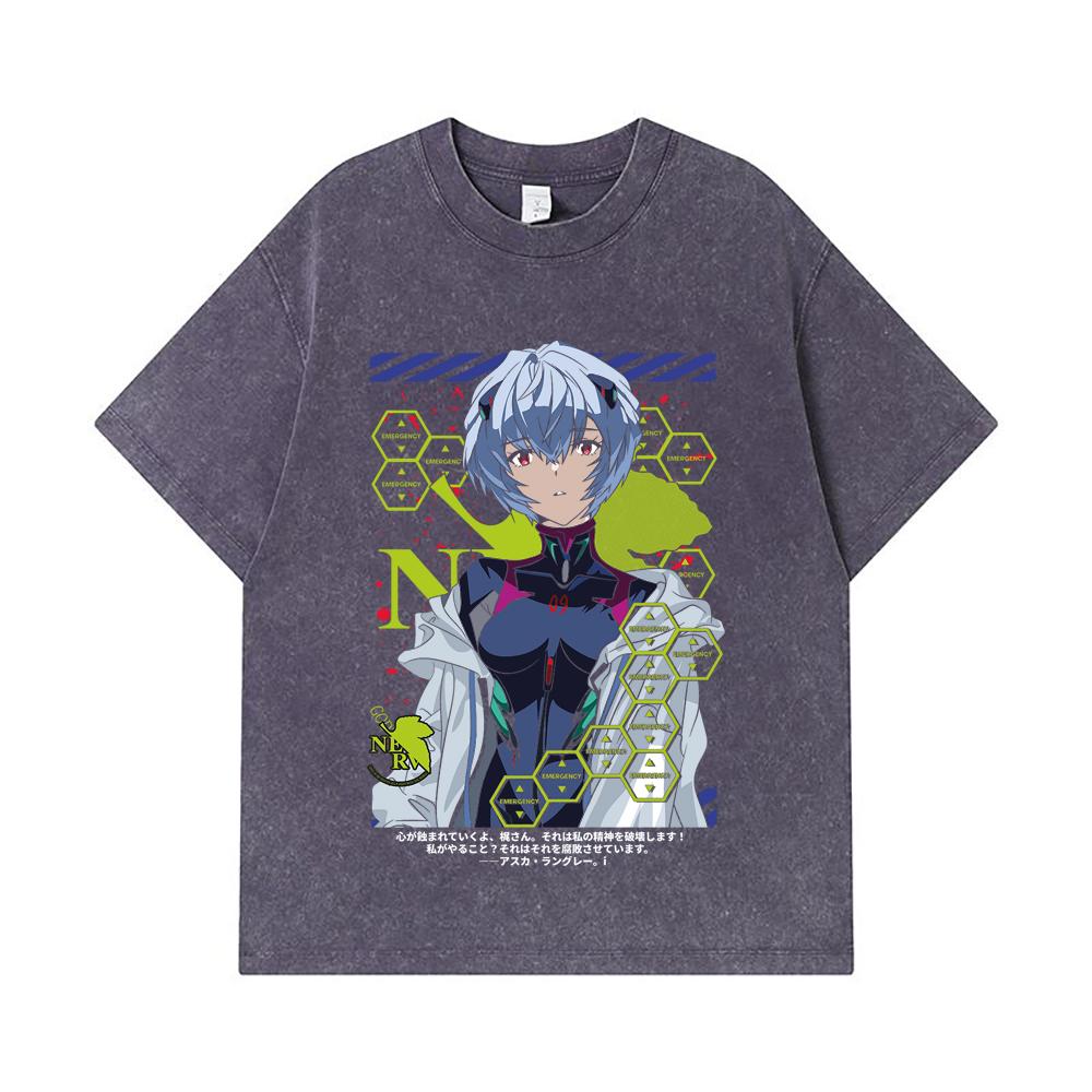275 GSM Washed T-shirts 100% Cotton Evangelion V6 Rei Print Unisex Heavy Cotton T Shirt
