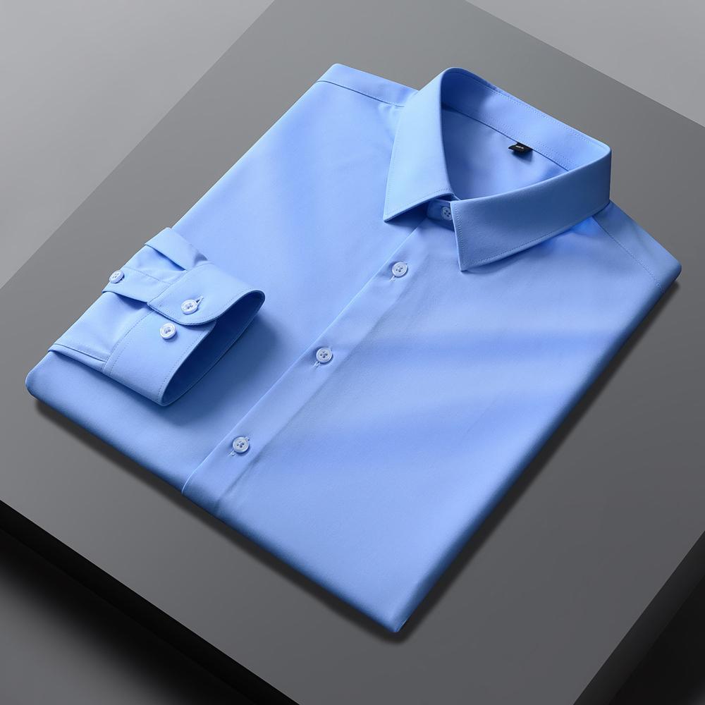 Luxury Designer Stretch Menswear Clothing Business Regular Fit Wrinkle-Free Soild Long Sleeve Button-up Shirts without Pocket