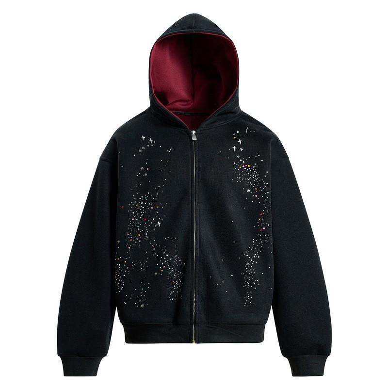 Unisex Oversized Hooded Zip-Up Sweatshirt With Rhinestone Embellishment Cotton Blend Casual Wear