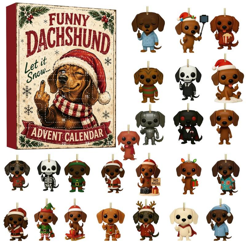 Fun Dachshund Advent Calendar Blind Box 24 Cartoon Charms Christmas Countdown Dog Ornaments