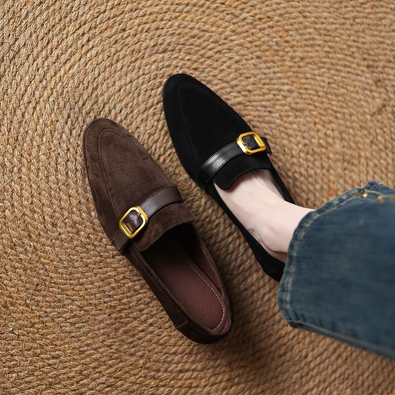 Krazing Pot Sheep Suede Autumn Winter Shoes Metal Buckle Loafers Med Heels Slip on Size 42 Round Toe Slip on Deep Mouth Pumps
