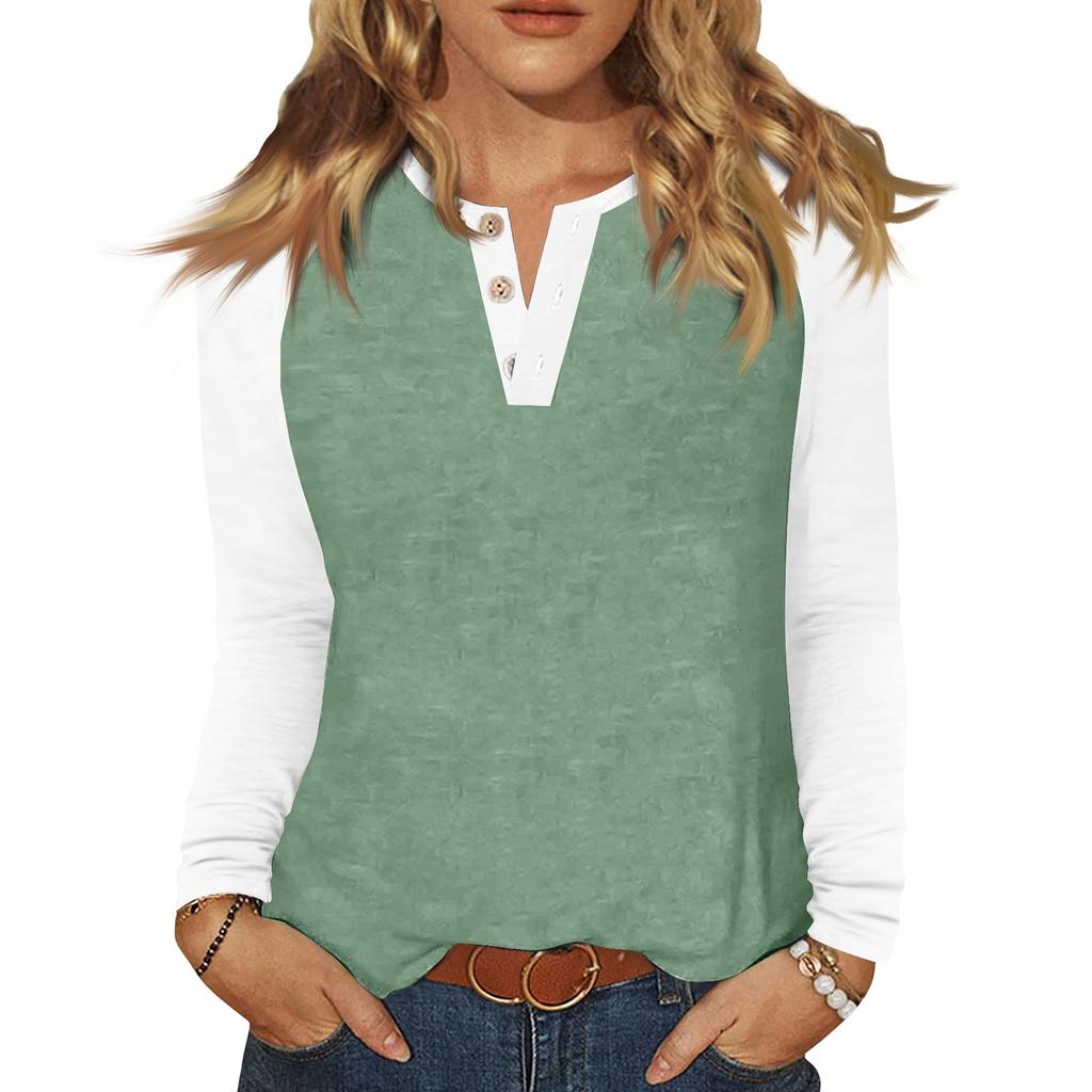Women's T Shirt Color Block Button Long Sleeve Daily Weekend Fashion Basic V- Neck Regular Top
