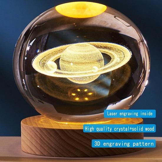 Moon Crystal Ball Night Lamp, Creative Engraved  Room, USB Table LED Lamp with Woodern Base, Light for Home Office Decoration Birthday Gift