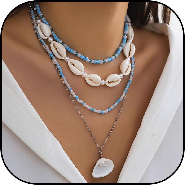 YANCHUN Shell Necklace Beach Jewelry for Women Sea Shell Necklace Layered Gold Shell Charm Necklaces Summer Outfits for Women Beach Fashion