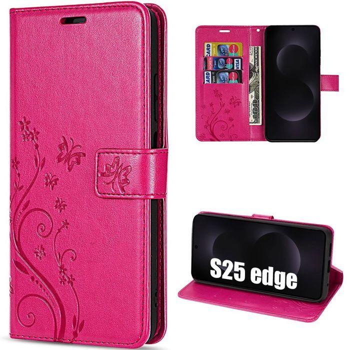 Coque de Protection - BOOLING - pour Samsung Galaxy S25 Edge - Antichoc Synthécuir Fuchsia Motif Floral