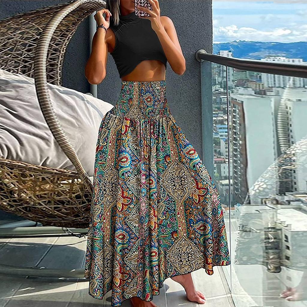 Women’s Casual Loose Boho Elastic Waist A-Line Beach Flowy Swing Vacation Floral Printing Maxi Skirt