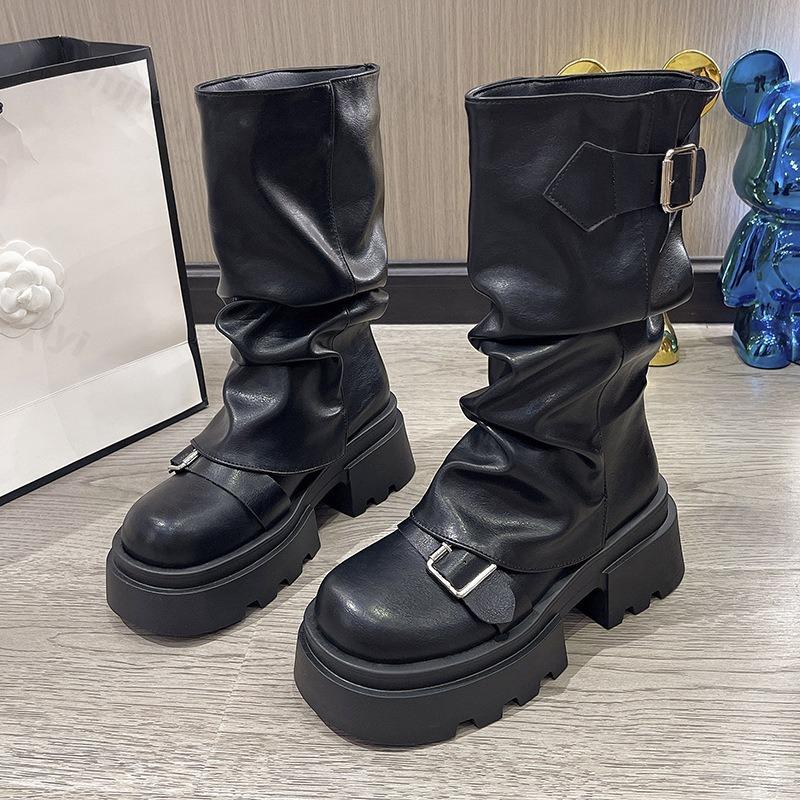 Damenstiefel 2026 Frühling Herbst Braun Maillard Retro Neue Absatzsteigerung Bequem Rutschfest Mode Gürtelschnalle Stiefel