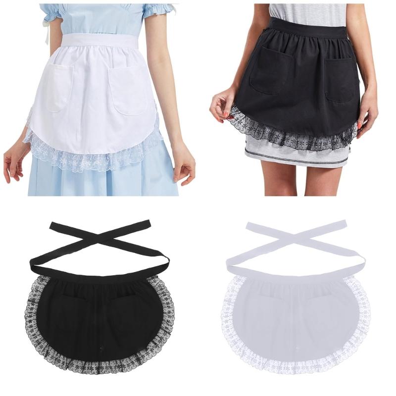 Women's Waist Apron Kitchen Cooking Aprons Lace Ruffle Half Apron Maid Aprons with Pockets for Waitress Restaurant