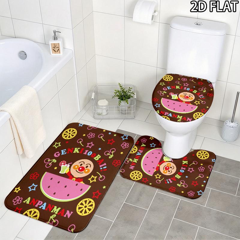 3pcs Anpanman Pattern Flannel Nonslip Absorbent Washable Decorative Bathroom Home Toilet Seat Cover Mat
