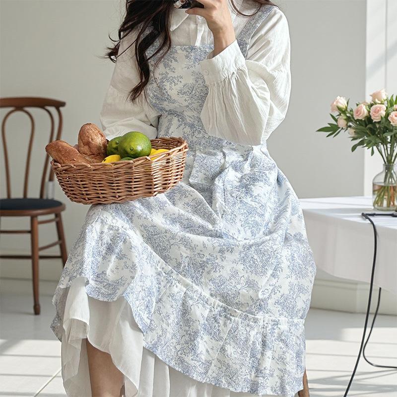 

Художественный фартук из стираного хлопка и льна, кухонный жилет, поясная юбка, рабочая униформа для кофейни One Size синий