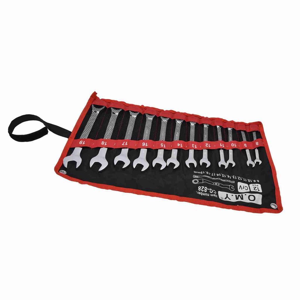 12Pcs Ratchet Wrench Set Kit Metric Combination Chrome Vanadium Steel 8‑19mm with Storage BagFixed Head