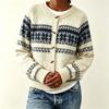 Womens Fair Isle Knit Cardigan Sweater Loose Fit Round Neck Button Front Long Sleeve 2026