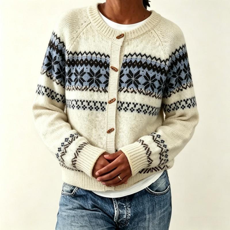 Womens Fair Isle Knit Cardigan Sweater Loose Fit Round Neck Button Front Long Sleeve 2026