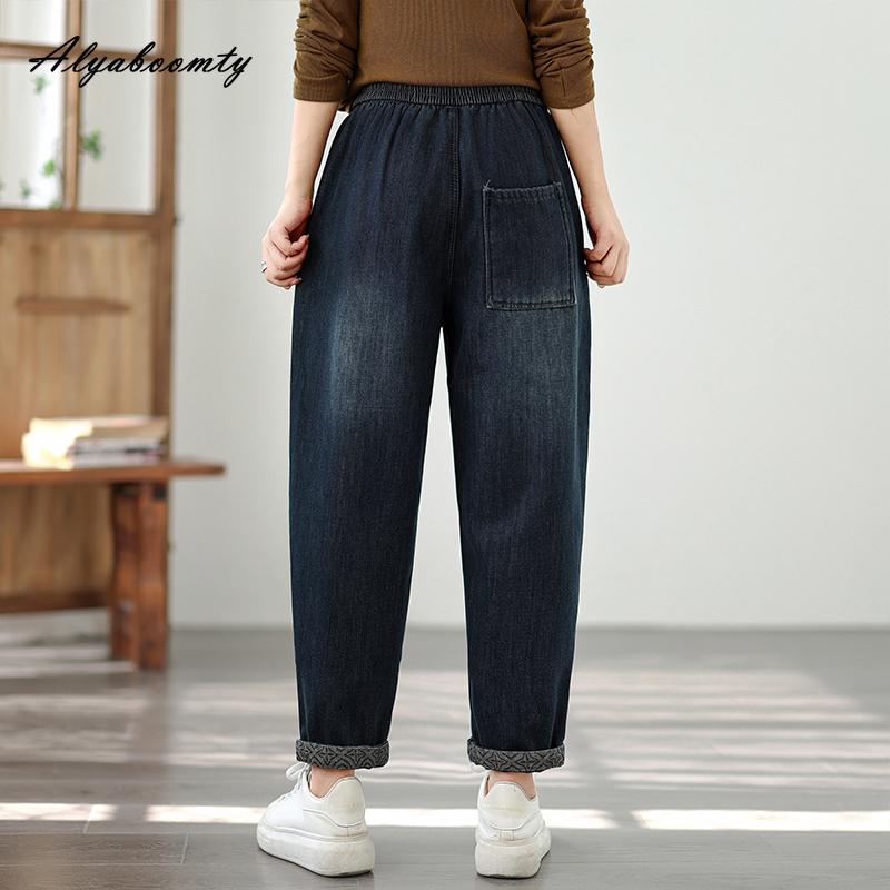 Korean Style Thick Fleece Winter Women Warm Jeans High Waist Vintage Casual Loose Denim Trousers Retro Patchwork Dark Blue Jeans