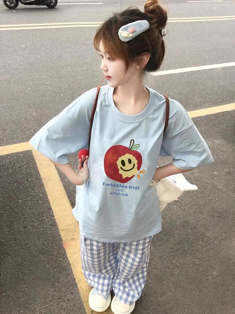 

Женская футболка свободного кроя с коротким рукавом из хлопка синего цвета в корейском стиле 2025 года L (suggested 101-115 catties) светло-синий