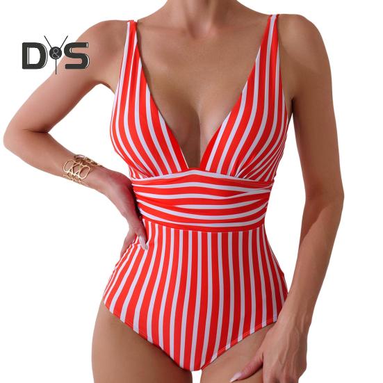 Women Monokini Deep V-Neck Sleeveless Slim Fit One-Piece Bikini Striped Print High Waist Tummy Control One-piece Swimsuit