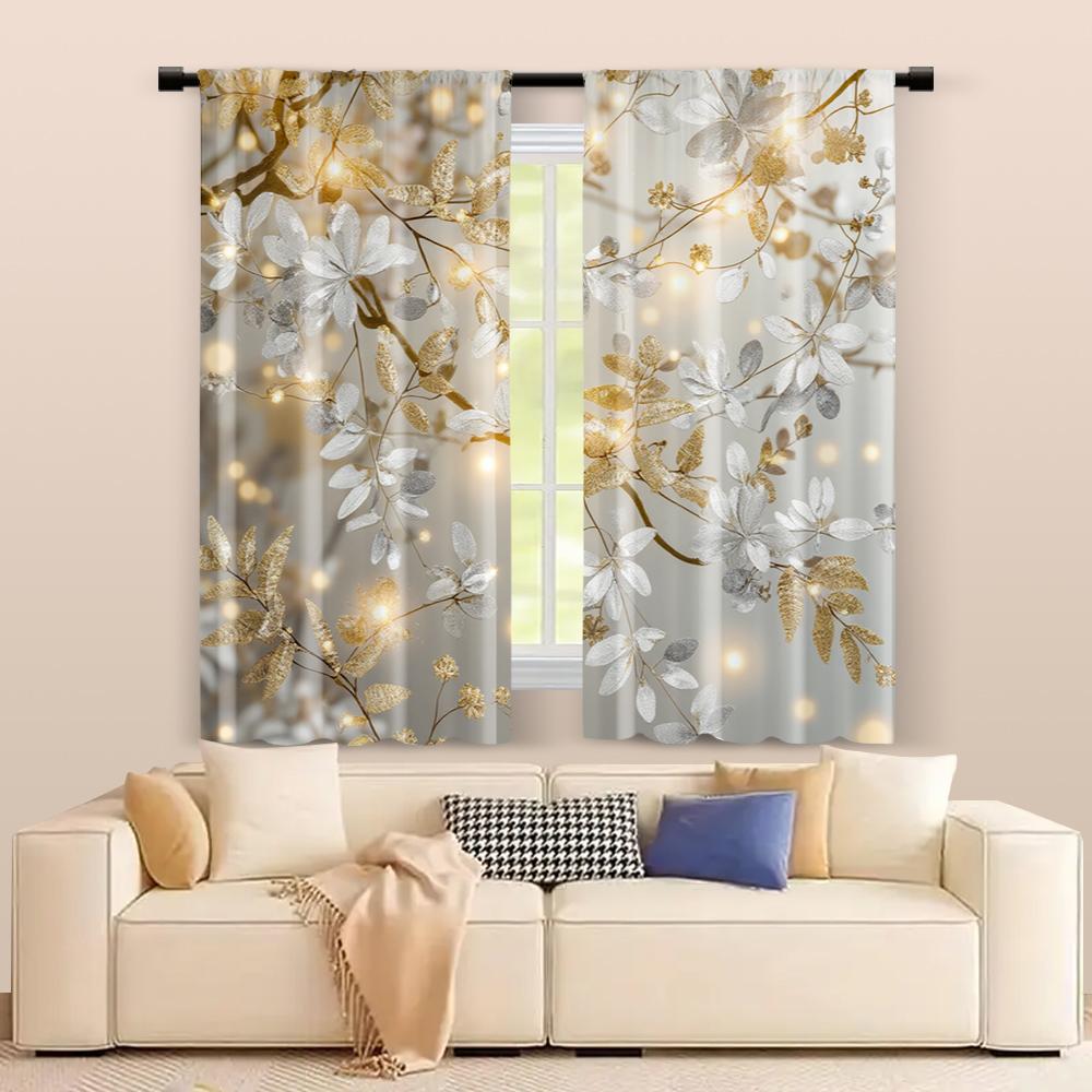 Filtering Curtains Excluding Rods Non Movable Without Batteries Golden Leaf Use Bedrooms Living Rooms Curtain Set Of 2 Made Polyester Washable Area