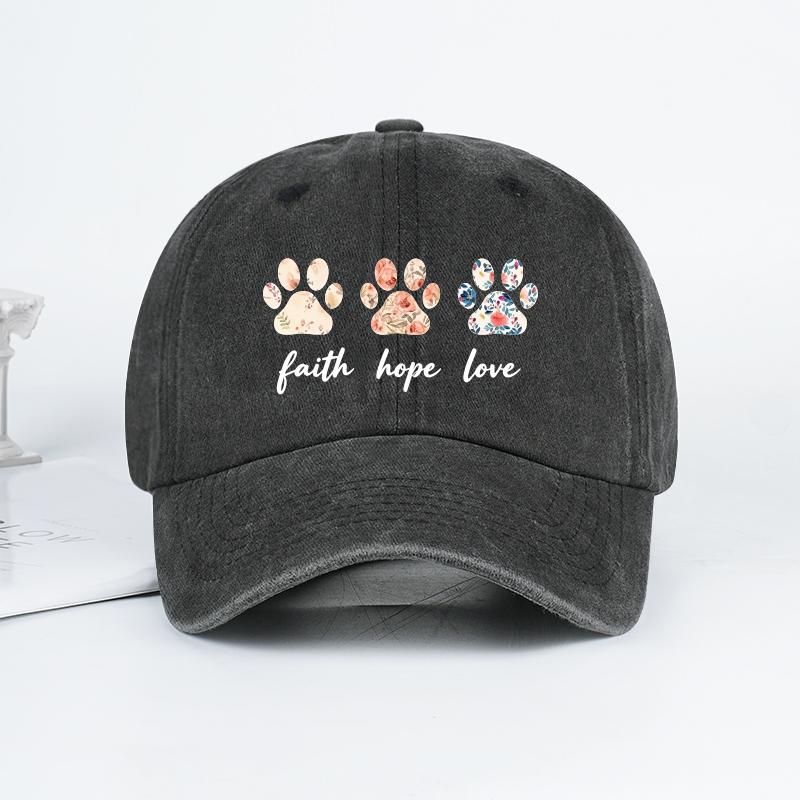 Floral Paw Print Baseball Cap Faith Hope Love Washed Cotton Adjustable Dad Hat Pet Lover Vintage Sun Hat