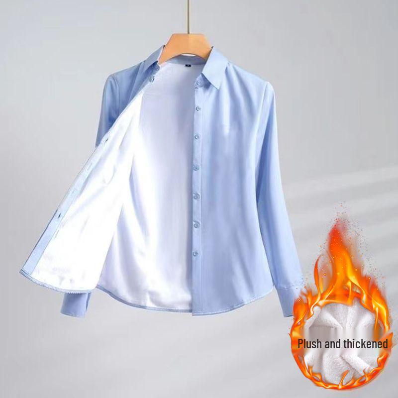 Women's Flocked White Long Sleeve Warm Fleece Shirt - Formal Workwear, Autumn/Winter 2025