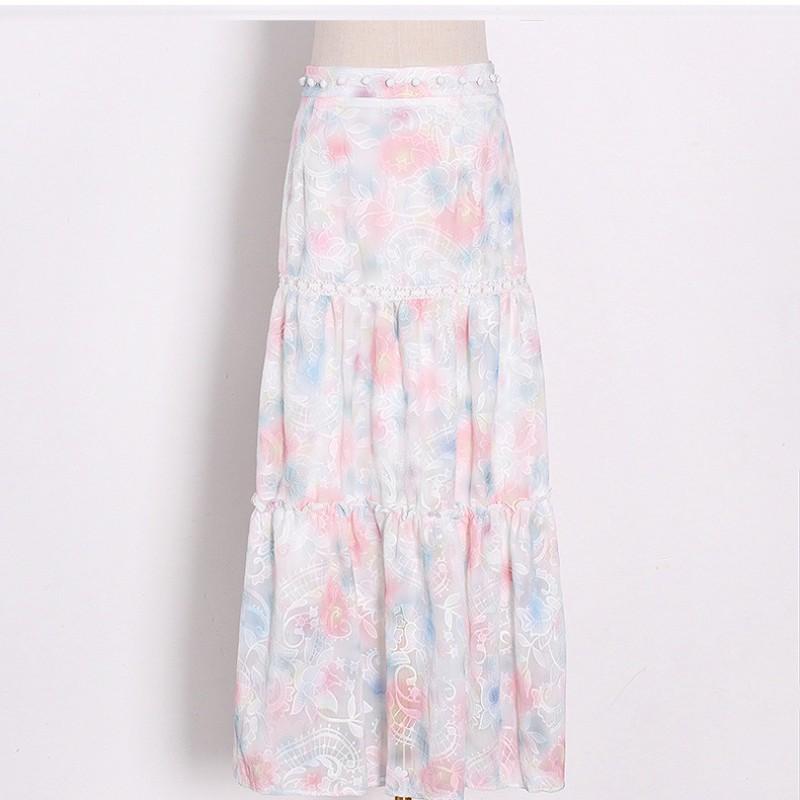 Small Fresh Fairy Long Dress Temperament Retro Floral Waist Standing Collar Large Swing Skirt Suit Women
