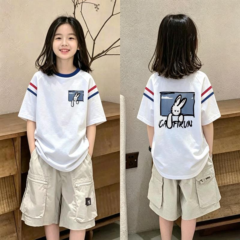 Summer Korean Style Color Block Loose T-shirt for Girls Aged 6-12 - Short Sleeve and Versatile