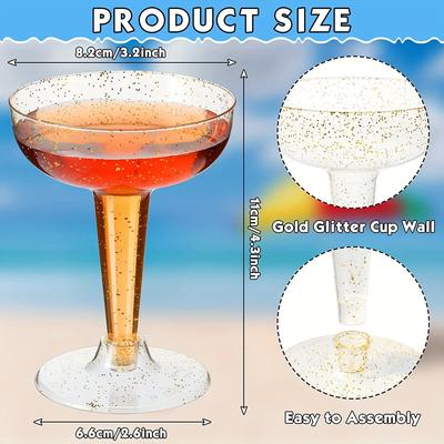 Lot de 10 flûtes à cocktail en plastique de 113 ml, verres à champagne à paillettes dorées, verres à margarita empilables et incassables