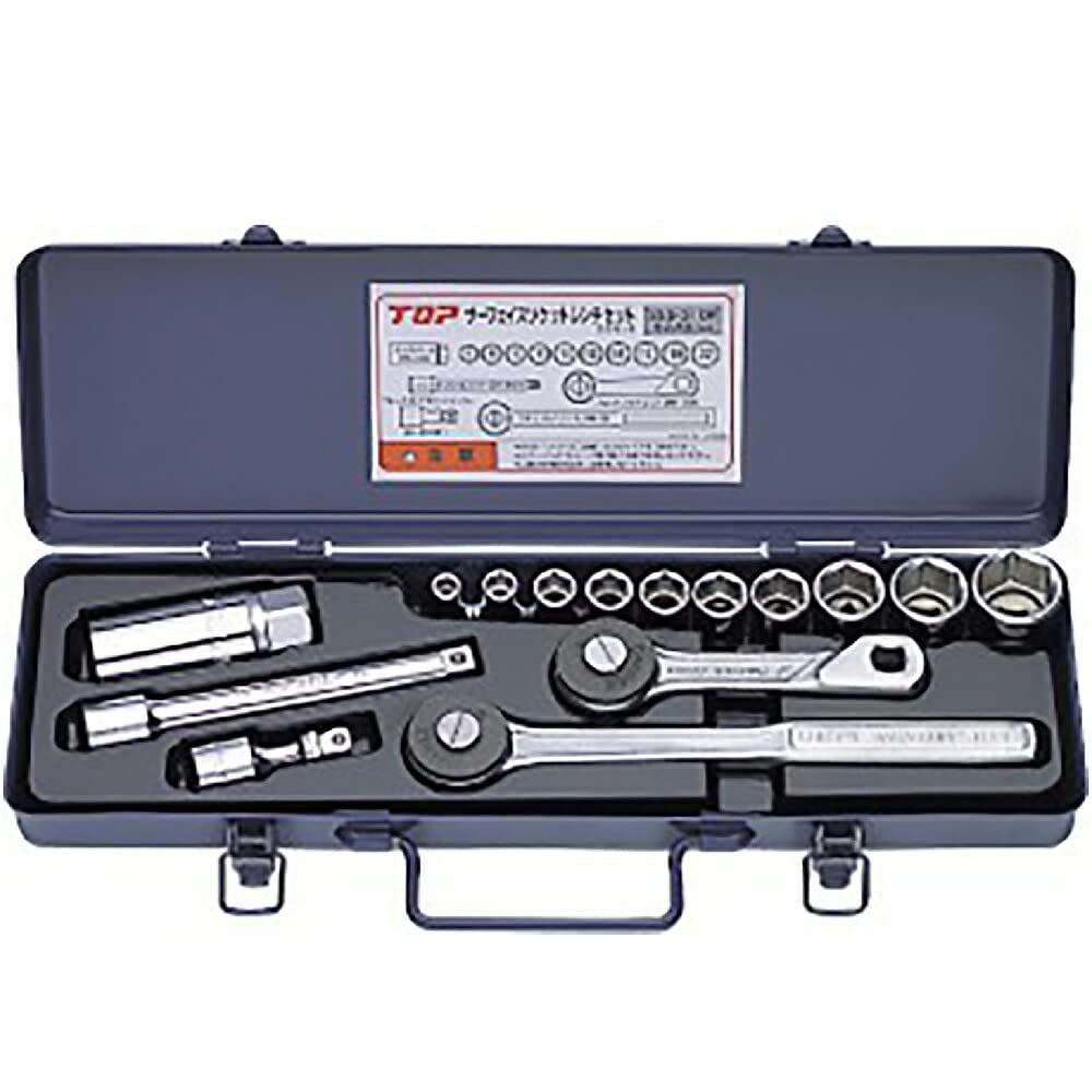 

TOP Industrial Surface Socket Wrench Flex Hex and Set with Made in Japan (TOP) Set, 9.5mm Drive, Ratchet, 6-22mm Sockets, More, 15-Piece Case,