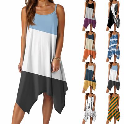 Damen Sommer Casual Print Rundhals Verstellbares Trägerkleid mit Taschen