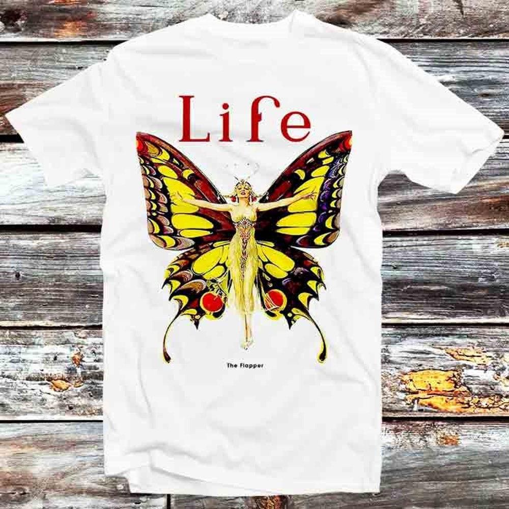 

230GSM 100% Cotton T-Shirt LIFE Magazine Butterfly 1922 Flapper T Shirt Vintage Retro Gift Unisex Cartoon Anime Top Tee B1404 XS белый