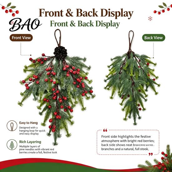 Artificial Winter Wreath Upside Down Christmas Tree Hanging Decor, Pinecone Berry with Flocked Rustic Holiday Home Decor Snow Tips, Wall Door Ornament