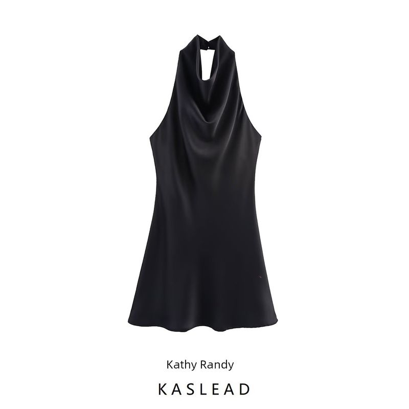 Kaslead New Women Clothes Western Style Fashion Simple Silk Satin Collar Dress 8741074