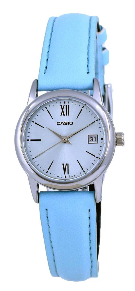 Casio Standard Analog Blue Leather Band Blue Dial Date Strap LTP-V002L-2B3 Women's Watch, Blue,