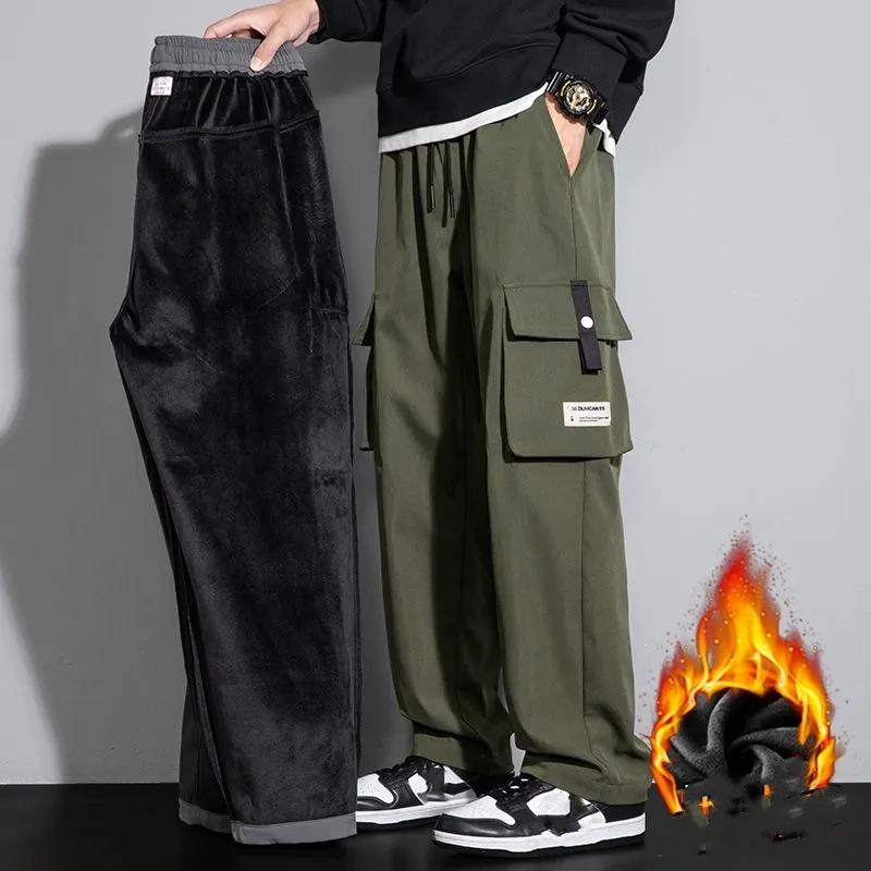 Autumn Winter Sweatpants Men Multi-Pockets Drawstring Cotton Casual Track Pant Male Loose Straight Trousers Large Size